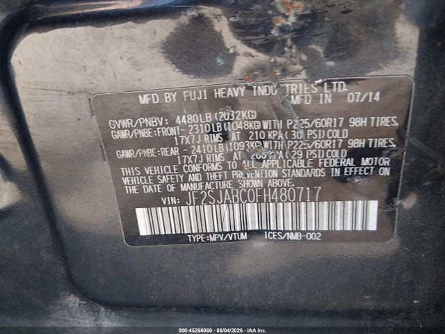 Aukcja sprzedaży 2015 Subaru Forester 2.5i, vin: JF2SJABC0FH480717, numer aukcji: 45266069