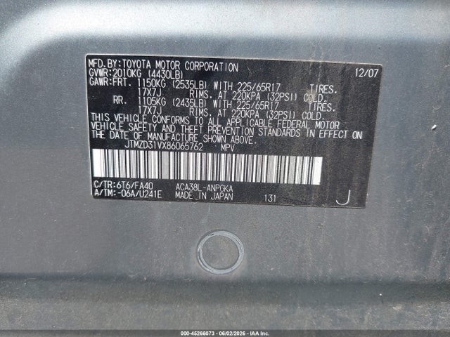 Aukcja sprzedaży 2008 Toyota Rav4 Limited, vin: JTMZD31VX86065762, numer aukcji: 45266073