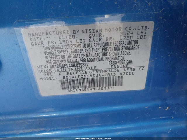 Aukcja sprzedaży 2021 Nissan Versa Sv Xtronic Cvt, vin: 3N1CN8EV4ML829327, numer aukcji: 45266088