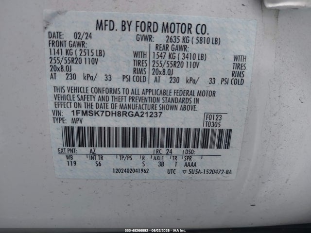 Aukcja sprzedaży 2024 Ford Explorer Xlt, vin: 1FMSK7DH8RGA21237, numer aukcji: 45266092