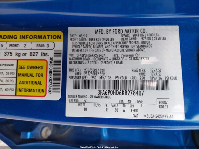 2019 Ford Fusion Se მანქანა იყიდება აუქციონზე, vin: 3FA6P0HD6KR278407, აუქციონის ნომერი: 45266091