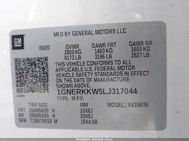 Aukcja sprzedaży 2020 Chevrolet Traverse Fwd Premier, vin: 1GNERKKW5LJ317044, numer aukcji: 45266098