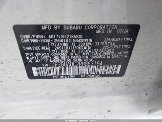 2024 Subaru Crosstrek Premium მანქანა იყიდება აუქციონზე, vin: JF2GUADC2RH863184, აუქციონის ნომერი: 45266106