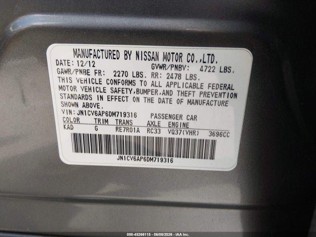 Продаж на аукціоні авто 2013 Infiniti G37 Journey, vin: JN1CV6AP6DM719316, номер лоту: 45266115