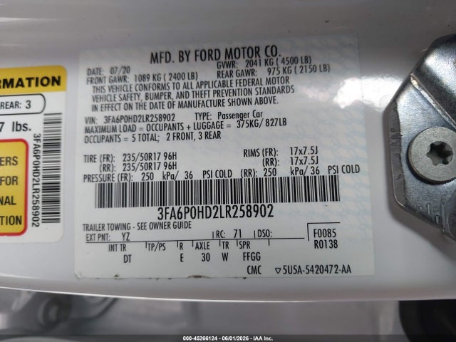 Aukcja sprzedaży 2020 Ford Fusion Se, vin: 3FA6P0HD2LR258902, numer aukcji: 45266124