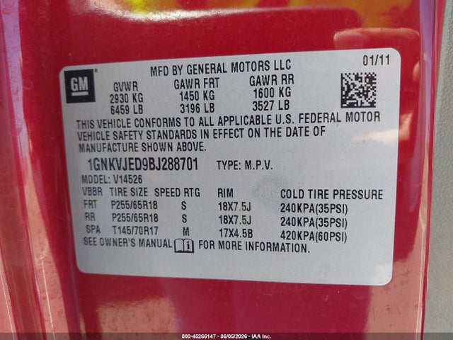 Продаж на аукціоні авто 2011 Chevrolet Traverse 2lt, vin: 1GNKVJED9BJ288701, номер лоту: 45266147