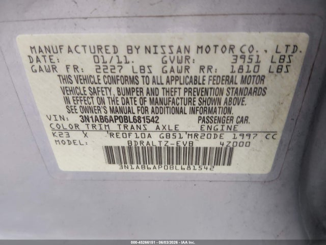 Aukcja sprzedaży 2011 Nissan Sentra 2.0sr, vin: 3N1AB6AP0BL681542, numer aukcji: 45266151