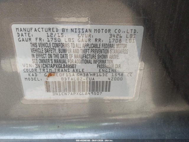 Продаж на аукціоні авто 2016 Nissan Versa 1.6 S/1.6 S+/1.6 Sl/1.6 Sv, vin: 3N1CN7APXGL849507, номер лоту: 45266168
