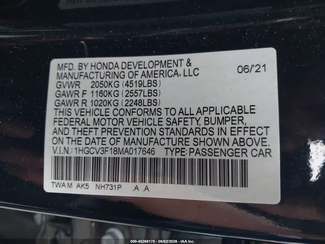 1HGCV3F18MA017646 Honda ACCORD HYBRID