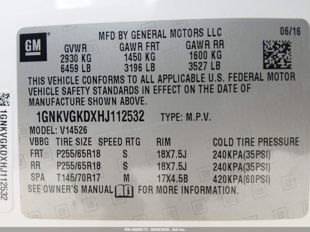 Продаж на аукціоні авто 2017 Chevrolet Traverse 1lt, vin: 1GNKVGKDXHJ112532, номер лоту: 45266172