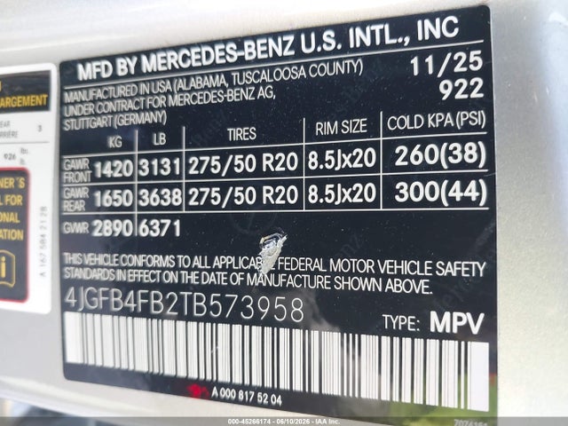 Aukcja sprzedaży 2026 Mercedes-benz Gle 350, vin: 4JGFB4FB2TB573958, numer aukcji: 45266174