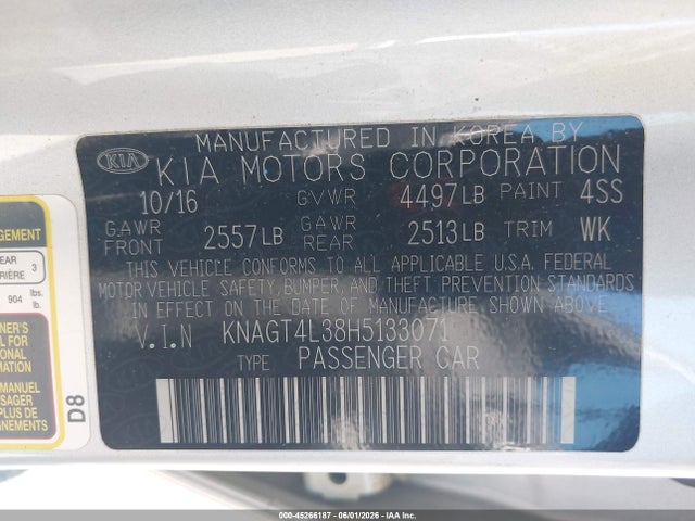 Aukcja sprzedaży 2017 Kia Optima Lx, vin: KNAGT4L38H5133071, numer aukcji: 45266187