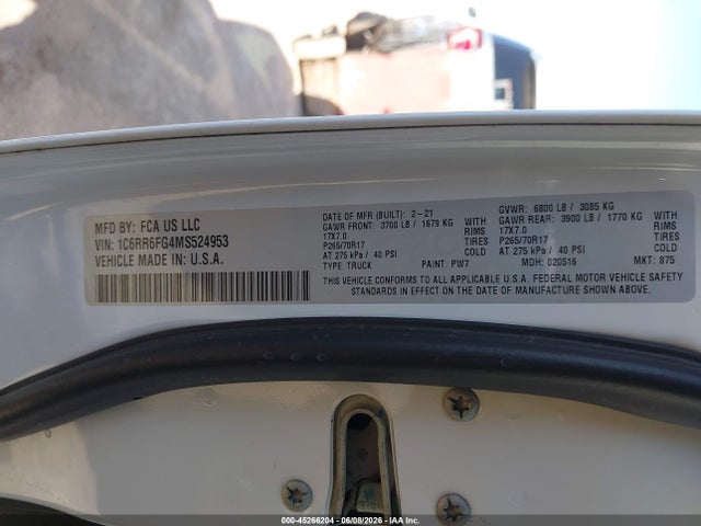 2021 Ram 1500 Classic Tradesman  4x2 6'4 Box მანქანა იყიდება აუქციონზე, vin: 1C6RR6FG4MS524953, აუქციონის ნომერი: 45266204