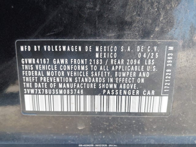 Продаж на аукціоні авто 2025 Volkswagen Jetta 1.5t Se, vin: 3VW7X7BU3SM083746, номер лоту: 45266209