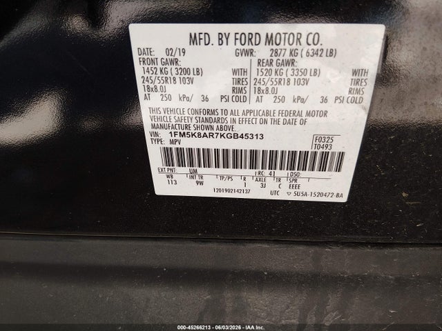 Продажа на аукционе авто 2019 Ford Police Interceptor Utility, vin: 1FM5K8AR7KGB45313, номер лота: 45266213