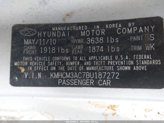 45266218 :رقم المزاد ، KMHCM3AC7BU187272 vin ، 2011 Hyundai Accent Gs مزاد بيع
