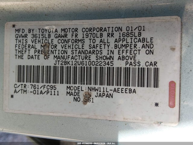 2001 Toyota Prius მანქანა იყიდება აუქციონზე, vin: JT2BK12U610022345, აუქციონის ნომერი: 45266222