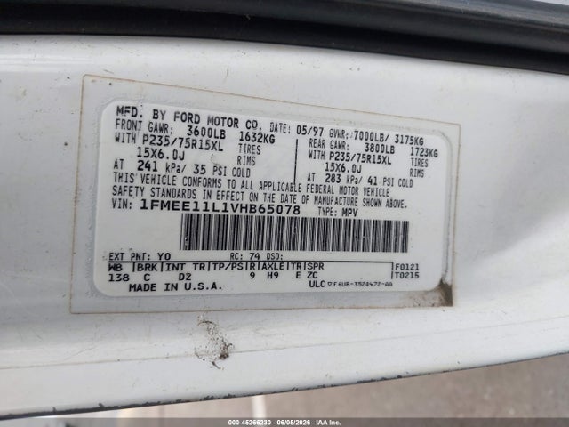 1997 Ford Club Wagon Xl/xl Plus/xlt მანქანა იყიდება აუქციონზე, vin: 1FMEE11L1VHB65078, აუქციონის ნომერი: 45266230