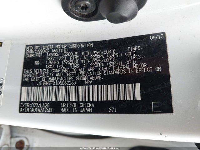 2013 Lexus Gx 460 მანქანა იყიდება აუქციონზე, vin: JTJBM7FX1D5062233, აუქციონის ნომერი: 45266239