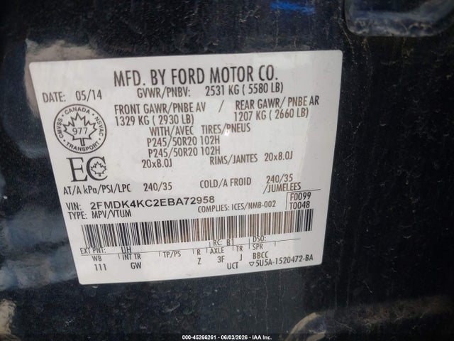 Продажа на аукционе авто 2014 Ford Edge Limited, vin: 2FMDK4KC2EBA72958, номер лота: 45266261