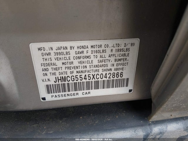 1999 Honda Accord Lx მანქანა იყიდება აუქციონზე, vin: JHMCG5545XC042866, აუქციონის ნომერი: 45266265