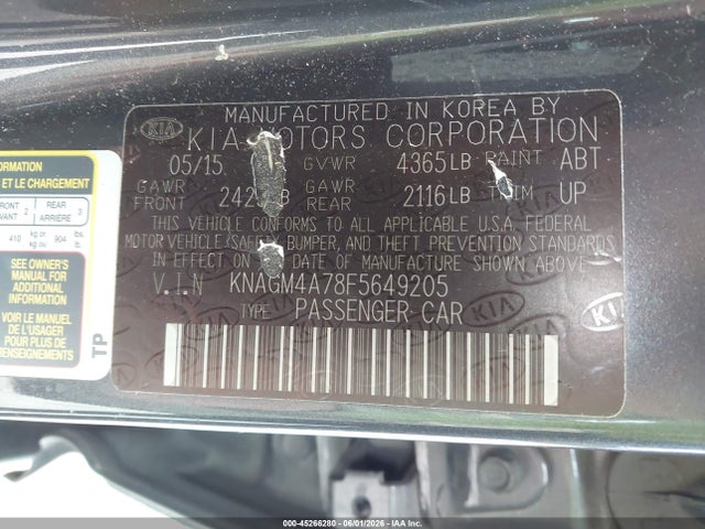 45266280 :رقم المزاد ، KNAGM4A78F5649205 vin ، 2015 Kia Optima Lx مزاد بيع