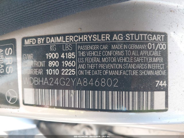 Aukcja sprzedaży 2000 Mercedes-benz C 230 Kompressor, vin: WDBHA24G2YA846802, numer aukcji: 45266286