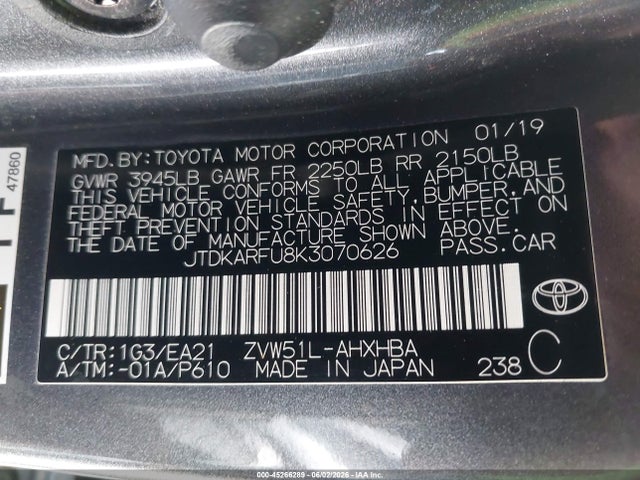 Продаж на аукціоні авто 2019 Toyota Prius Limited, vin: JTDKARFU8K3070626, номер лоту: 45266289