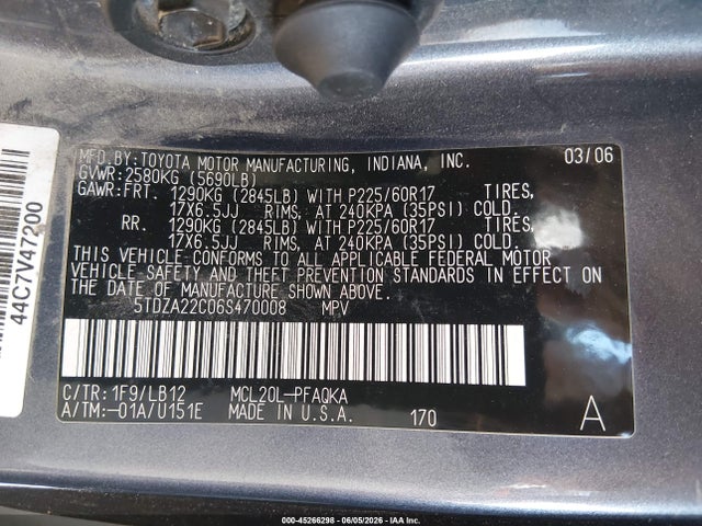2006 Toyota Sienna Xle Limited მანქანა იყიდება აუქციონზე, vin: 5TDZA22C06S470008, აუქციონის ნომერი: 45266298