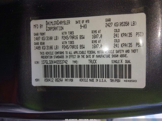2004 Dodge Dakota Sport მანქანა იყიდება აუქციონზე, vin: 1D7GL32K44S553742, აუქციონის ნომერი: 45266305