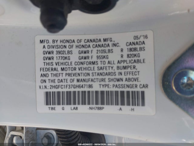 Продажа на аукционе авто 2016 Honda Civic Ex-t, vin: 2HGFC1F37GH647186, номер лота: 45266322