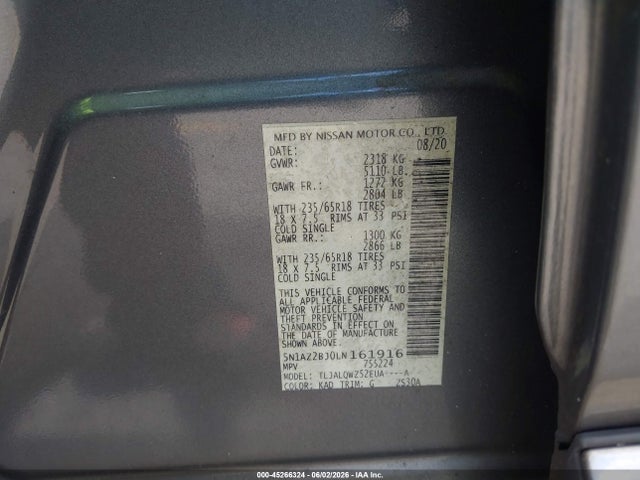 45266324 :رقم المزاد ، 5N1AZ2BJ0LN161916 vin ، 2020 Nissan Murano Sv Fwd مزاد بيع