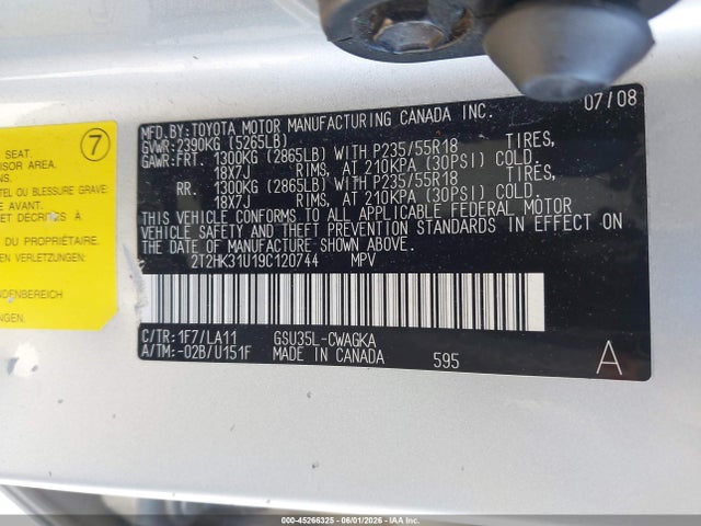 45266325 :رقم المزاد ، 2T2HK31U19C120744 vin ، 2009 Lexus Rx 350 مزاد بيع