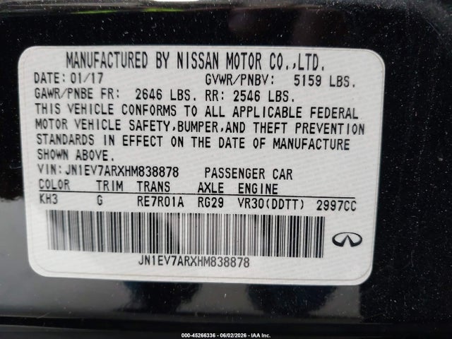 45266336 :رقم المزاد ، JN1EV7ARXHM838878 vin ، 2017 Infiniti Q50 3.0t Signature Edition مزاد بيع