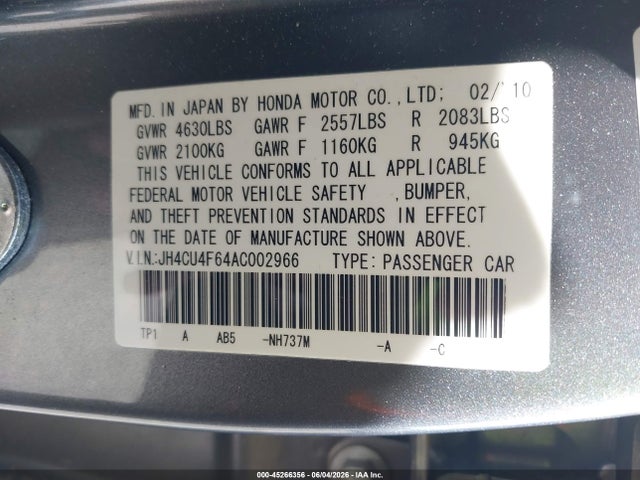 Продажа на аукционе авто 2010 Acura Tsx 3.5, vin: JH4CU4F64AC002966, номер лота: 45266356