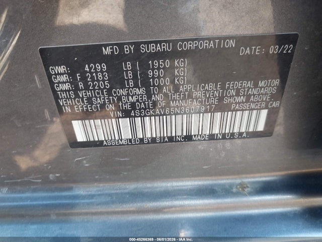 Aukcja sprzedaży 2022 Subaru Impreza Premium, vin: 4S3GKAV65N3607917, numer aukcji: 45266369