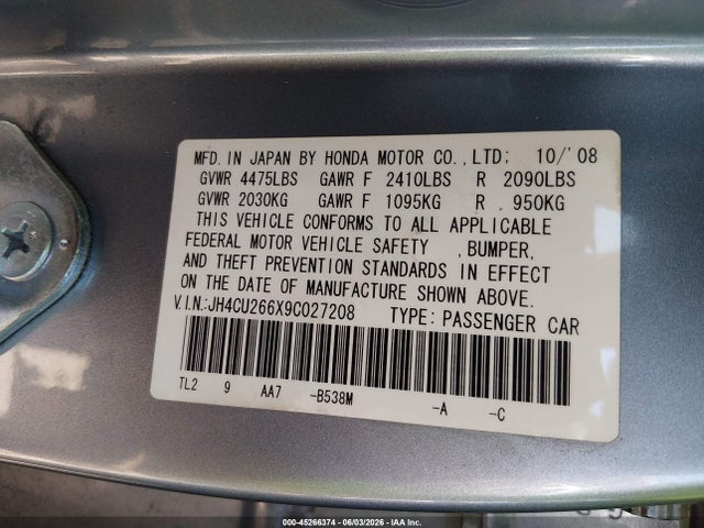Aukcja sprzedaży 2009 Acura Tsx, vin: JH4CU266X9C027208, numer aukcji: 45266374
