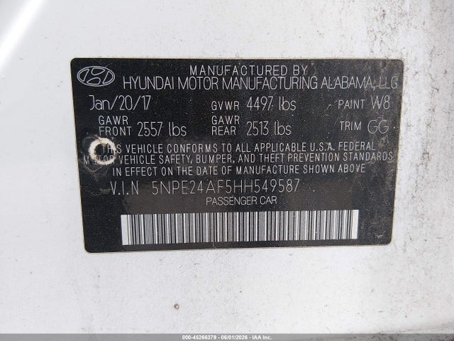 45266379 :رقم المزاد ، 5NPE24AF5HH549587 vin ، 2017 Hyundai Sonata مزاد بيع