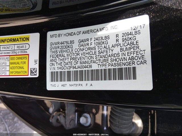 Продажа на аукционе авто 2018 Honda Accord Touring 2.0t, vin: 1HGCV2F94JA004436, номер лота: 45266381
