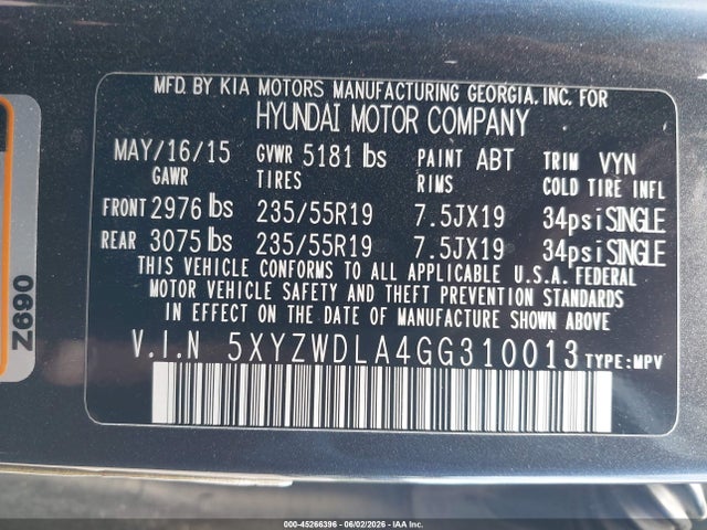 Aukcja sprzedaży 2016 Hyundai Santa Fe Sport 2.4l, vin: 5XYZTDLB8GG321436, numer aukcji: 45266396
