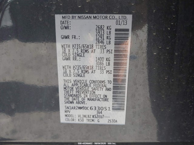 Продажа на аукционе авто 2013 Nissan Pathfinder S, vin: 5N1AR2MM9DC633051, номер лота: 45266402