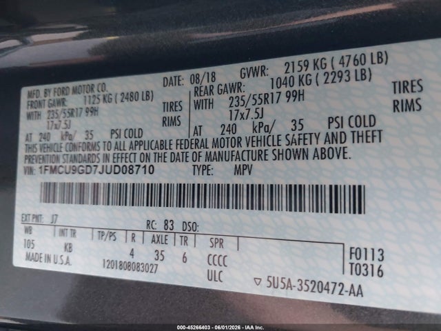 Продаж на аукціоні авто 2018 Ford Escape Se, vin: 1FMCU9GD7JUD08710, номер лоту: 45266403