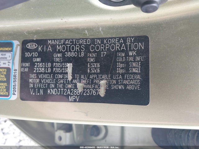 45266405 :رقم المزاد ، KNDJT2A28B7237675 vin ، 2011 Kia Soul + مزاد بيع