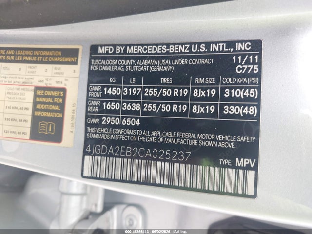 Aukcja sprzedaży 2012 Mercedes-benz Ml 350 Bluetec 4matic, vin: 4JGDA2EB2CA025237, numer aukcji: 45266413