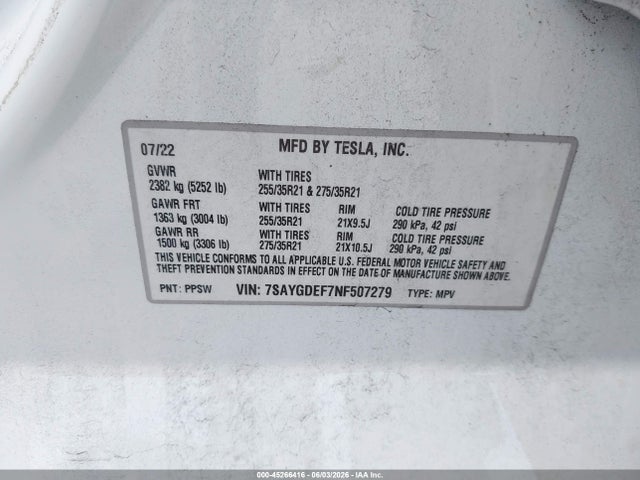 Aukcja sprzedaży 2022 Tesla Model Y Performance Dual Motor All-wheel Drive, vin: 7SAYGDEF7NF507279, numer aukcji: 45266416