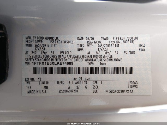 Aukcja sprzedaży 2020 Ford F-150 Xlt, vin: 1FTFX1E5XLKE74689, numer aukcji: 45266425