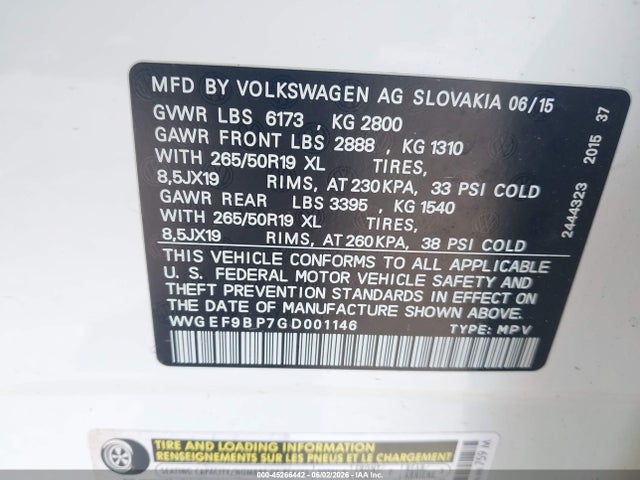 2016 Volkswagen Touareg Vr6 Lux მანქანა იყიდება აუქციონზე, vin: WVGEF9BP7GD001146, აუქციონის ნომერი: 45266442