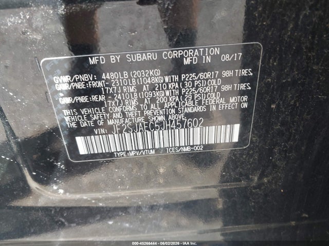 Продаж на аукціоні авто 2018 Subaru Forester 2.5i Premium, vin: JF2SJAEC5JH457602, номер лоту: 45266444