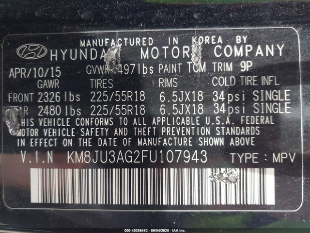 2015 Hyundai Tucson Limited მანქანა იყიდება აუქციონზე, vin: KM8JU3AG2FU107943, აუქციონის ნომერი: 45266463