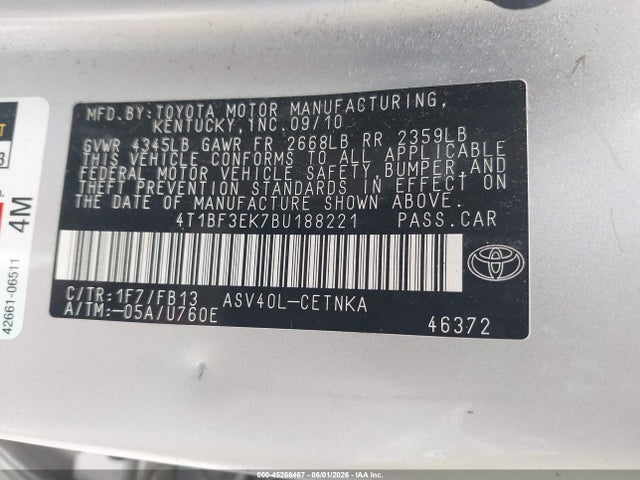 45266467 :رقم المزاد ، 4T1BF3EK7BU188221 vin ، 2011 Toyota Camry Le مزاد بيع